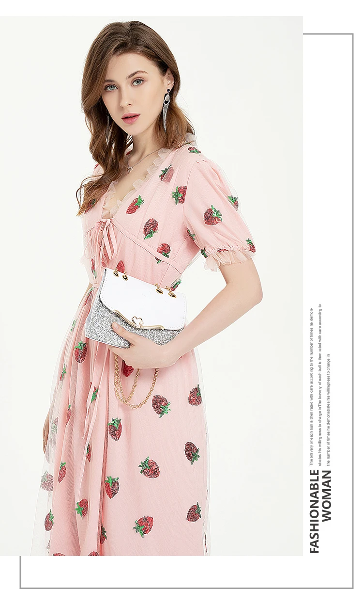 Женское Сетчатое длинное платье с блестками розовое праздничное V-образным