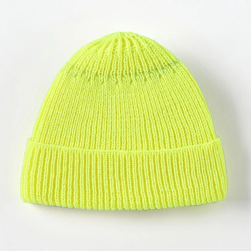 Fluorescent yellow Skullcap зимние шапочки для женщин и мужчин, однотонные вязаные шапки унисекс, женские мягкие эластичные лыжные теплые короткие шапки Skullies - Цвет: Fluorescent yellow