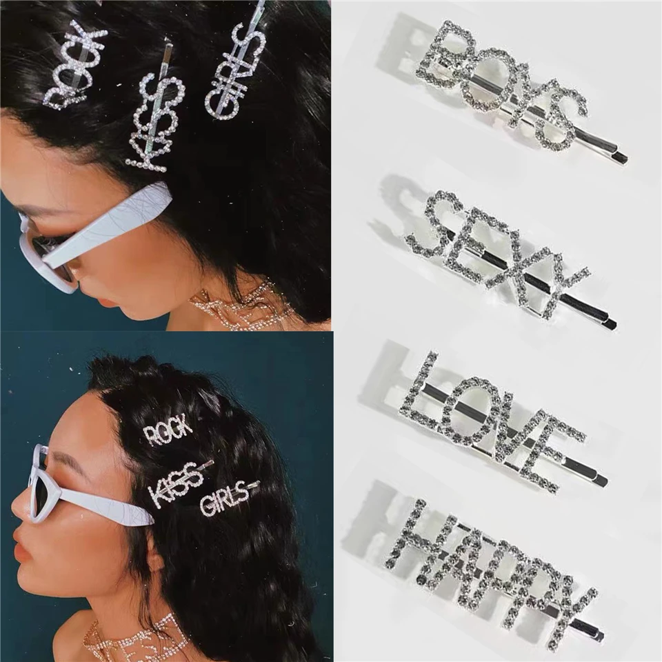 

Заколка-невидимка для волос, для женщин и девочек, с кристаллами, буквами, модный серебряный горный хрусталь