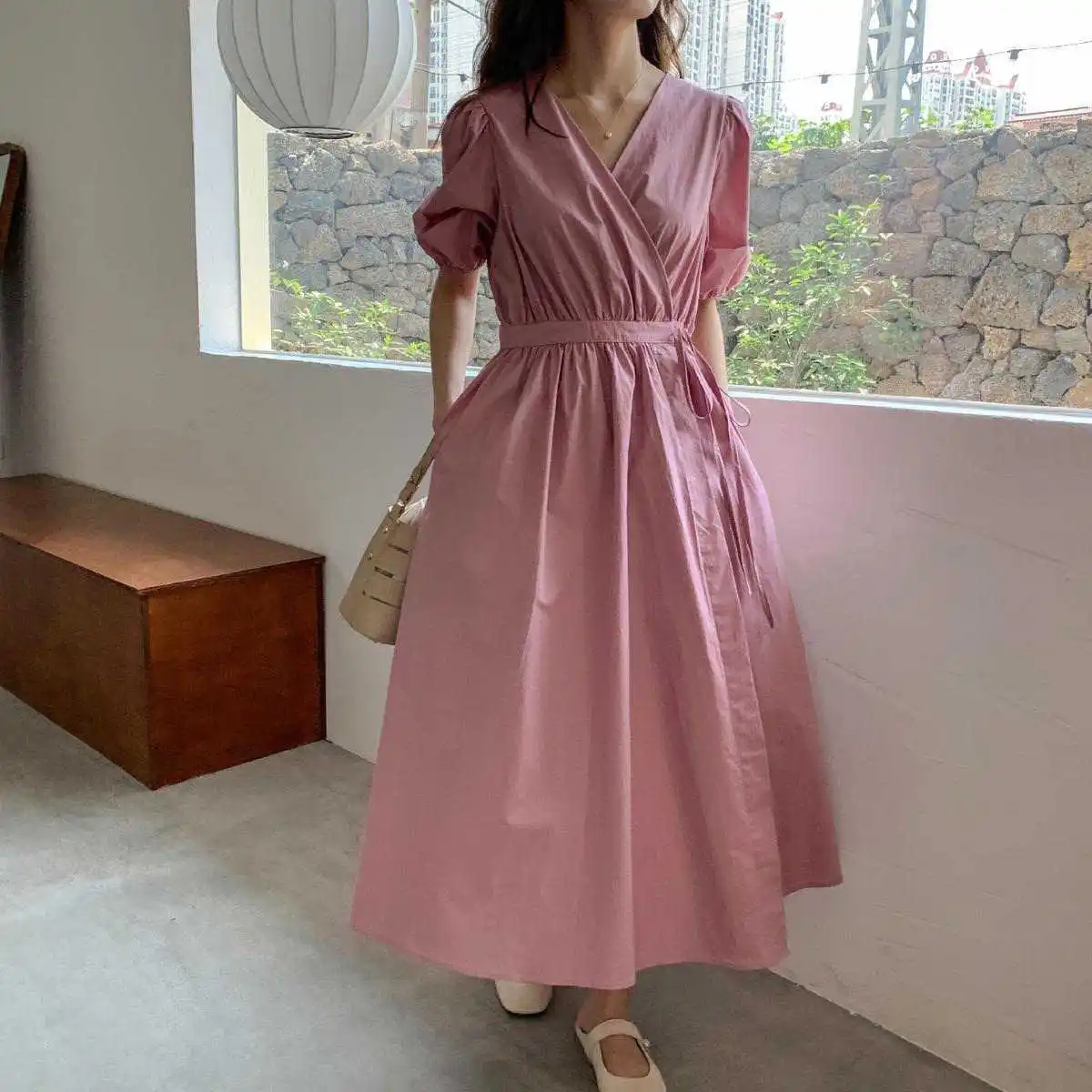 Женское Элегантное Длинное Платье Лето 2020 с v-образным вырезом и высокой талией