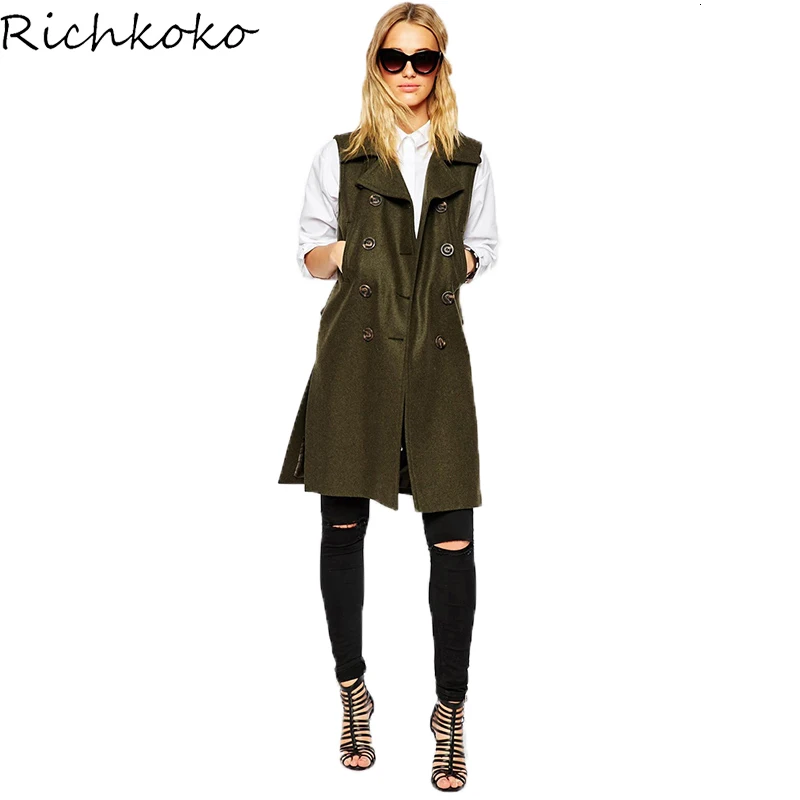 HDY Haoduoyi Vests Autumn New Lady Style Female Army Green Turn-down Collar Double Breasted Pocket Women Long Casual