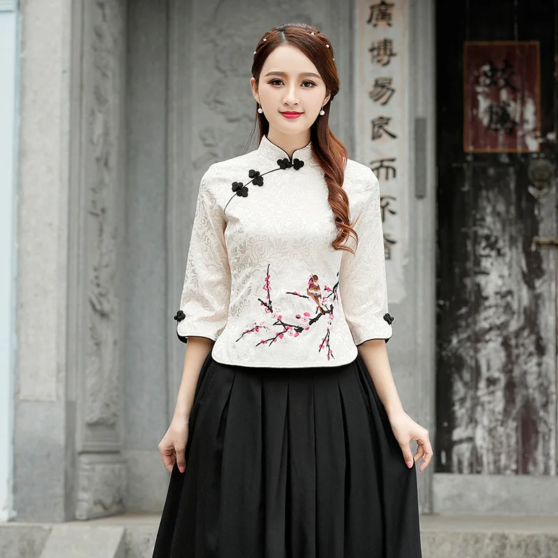 Cheongsam Топ Qipao Новинка Цветочная элегантная традиционная китайская одежда для женщин китайские рубашки платье свадебное Vestidos Tang - Цвет: Color1Top