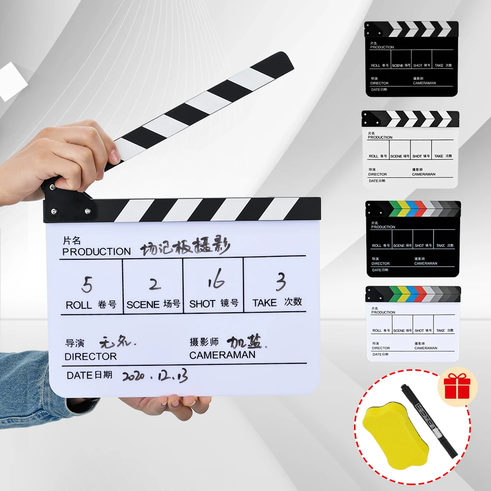 Selens Film ClapperBoard Acrylic Clapboard Dry Erase For TV Movie Director Cut Action Scene Slate Clap With Marker Pen Eraser