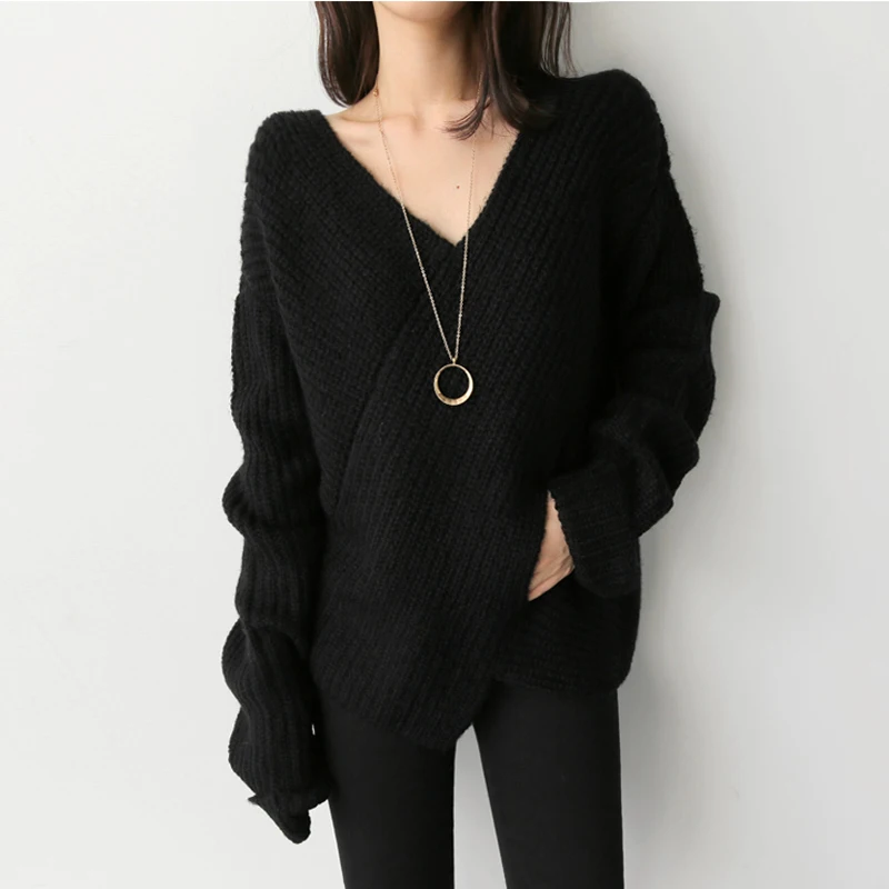 

Temperament Loose Chic V-collar Irregular Sweater Solid Color Chic Women Pullover Elegant Offoce Lady Casual Tops