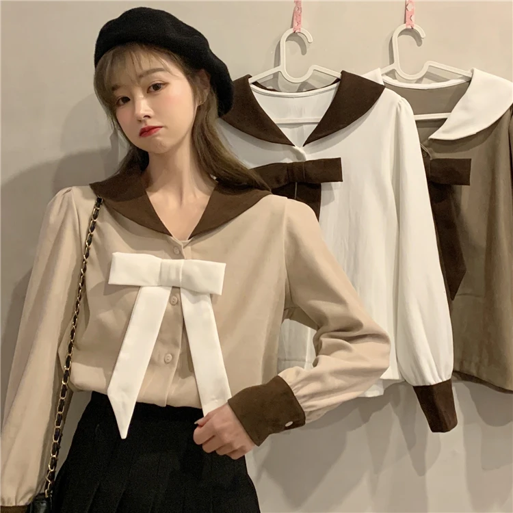 

Patchwork Bow Long Sleeve Ladies Tops Hit The Color Loose Blouse Women Clothing Spring Autumn New Fashion Single-breasted Shirts