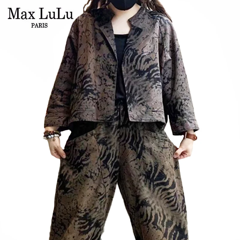 Max LuLu Womens Print Design Floral Two Pieces Sets 2022 Spring Korean Style Loose Casual Vintage Jackets Elastic Denim Trousers