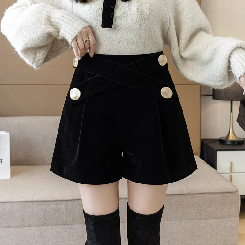 

Autumn Casual Korean Women High Waist A-Line Thick Shorts Winter Female Sequined Solid Slim Short Ladies Grace mujer