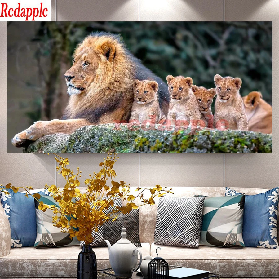 

Redapple Diamond Painting Lion with Baby lions Full Drill Cross Stitch Mosaic Diamond Embroidery Rhinestone Pictures large decor