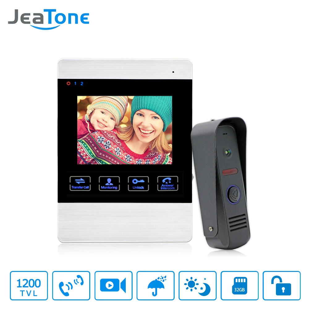 JeaTone видео дверной звонок 4 дюймов 1200TVL непромокаемые ночное видение наружная камера и внутренний монитор домофон телефон комплект