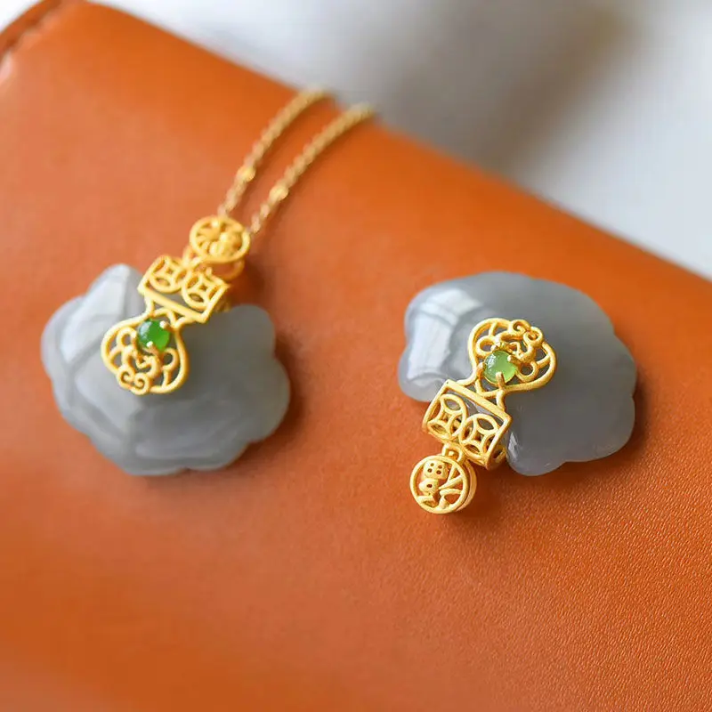 

Classical Chinese Style Natural Smoky Gray Jade Ruyi Lock Pendant Hetian Jade Longevity Lock Sterling Silver Vintage Necklace to