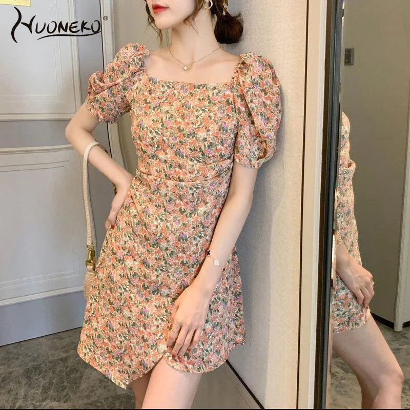 

Spring Summer 2021 Sexy Casual New Split Fork A-Line Women Dresses Square Collar Puff Sleeve High Waist Bodycon Party DressWDR08