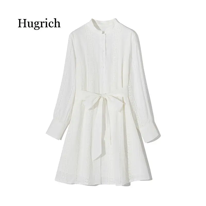 

Casual Hollow Out White Women Dress Long Sleeve Cotton Mini Women Dresses Sashes Lace Women Vestidosummer 2021