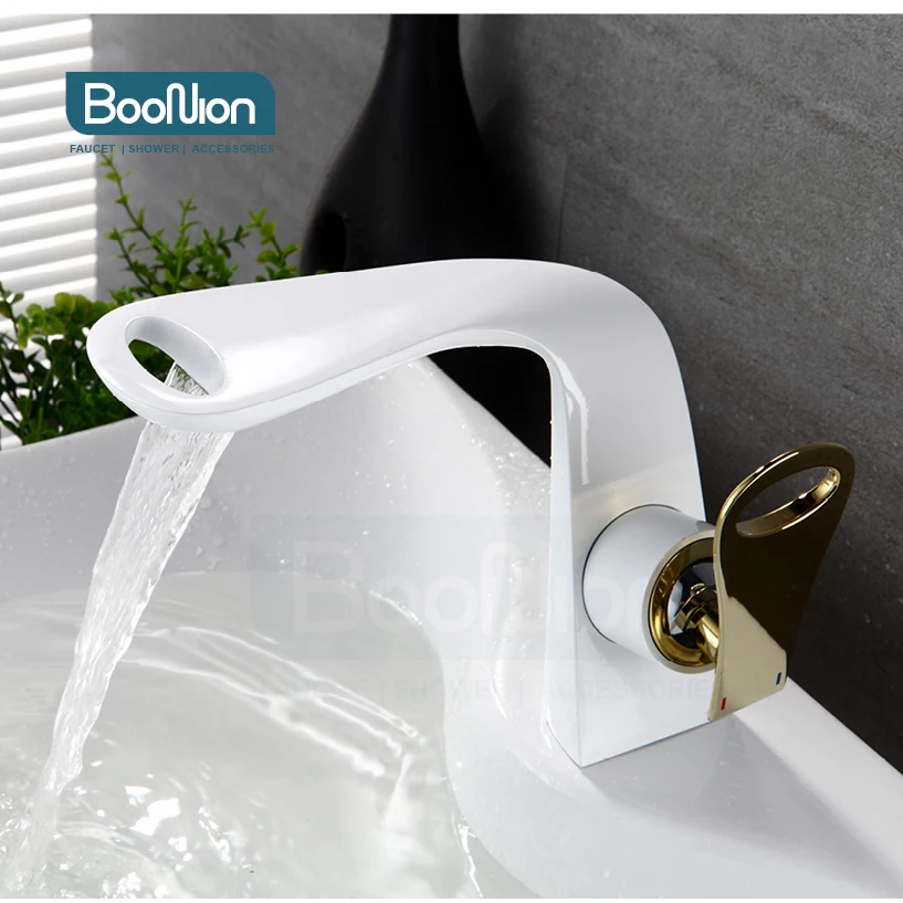 

Boonion brass basin mixer white+gold bathroom tap single handle hot & cold single hole simple style Creative waterfall faucet