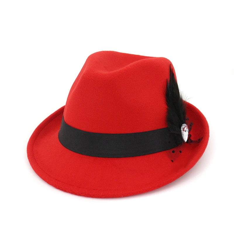 FS зима осень Fedora Шляпа черная для женщин мужчин боулинг, джаз шляпы сомбреро Mujer Трилби кепки свернутые короткие полями с перьевой лентой