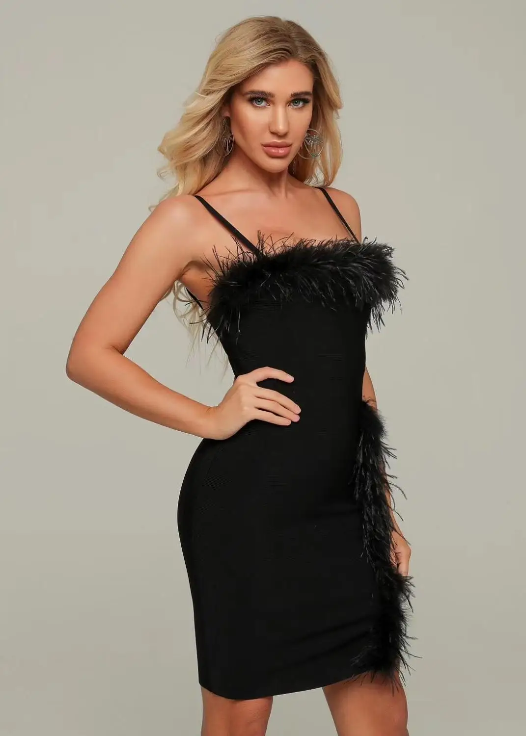 Black Wine Red Dress Elegant Sexy Bandage Dresses Women Feather Strap Club Party Christmas Holiday | Женская одежда