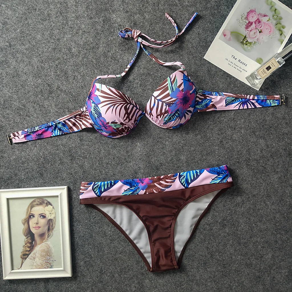

Sexy Swimsuit Women Bikini 2020 floral Print Halter Top Push Up Swimwear Women Brazilian Bikini Set Beach Bathing Suit biquini