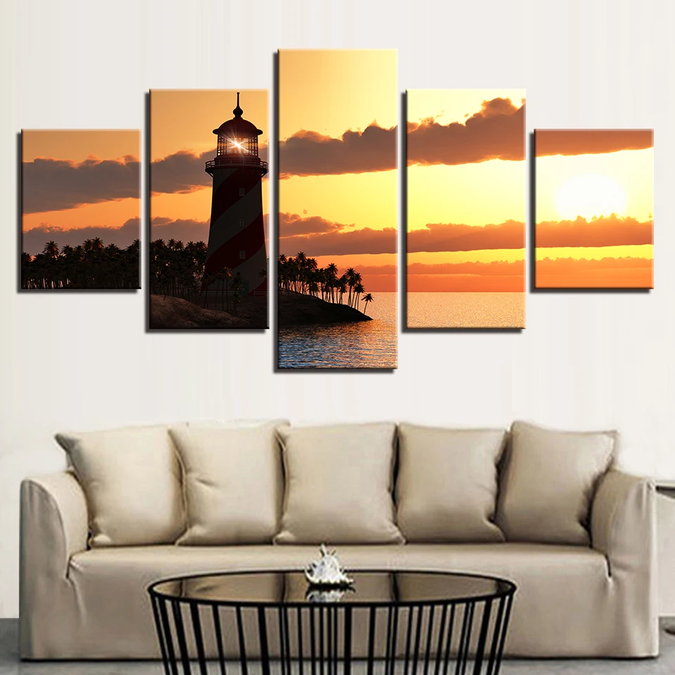 

Modular Canvas Painting Wall Art Pictures Home Decor 5 Pieces Sunset Landscape Lighthouse Sea Level Hd Print Poster No Frame