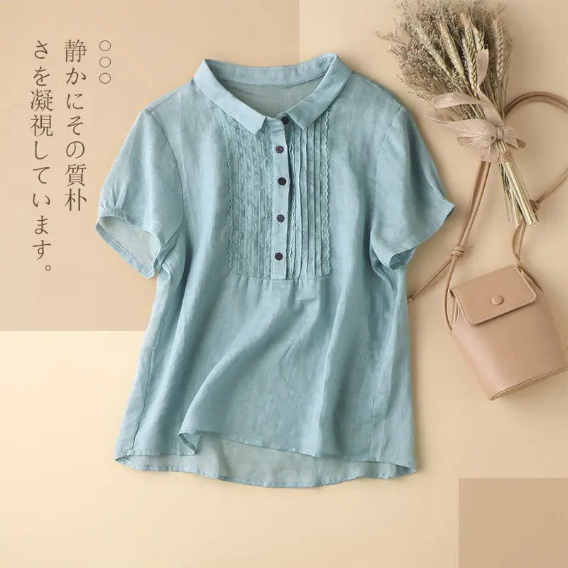 

Women's Thin Cotton Linen Blouse Top Fashion Woman Vintage Short Sleeve Blusas Casual Solid Color Loose Shirts Q480
