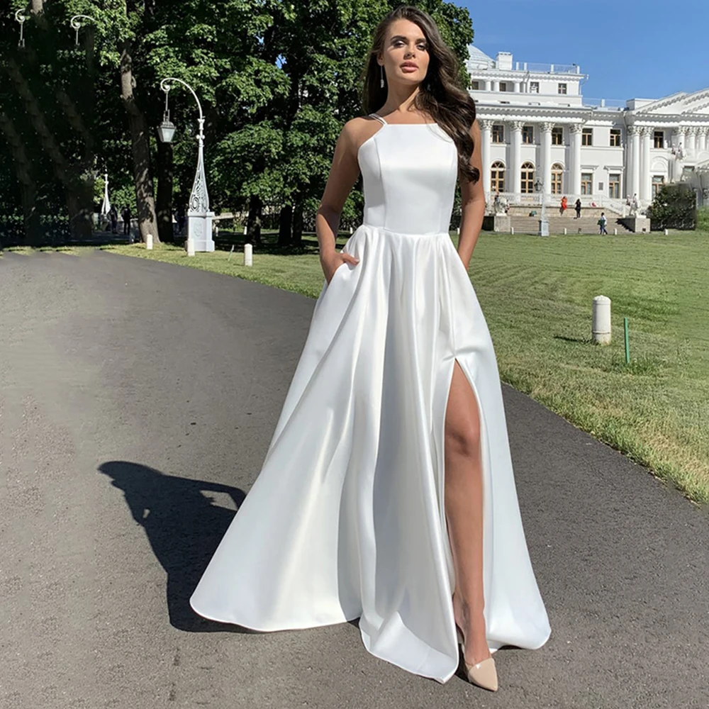 

Simple Satin Wedding Dresses A-Line Side Split Square Neck Backless Pleat 2021 Bride Gowns Vestido De Noiva