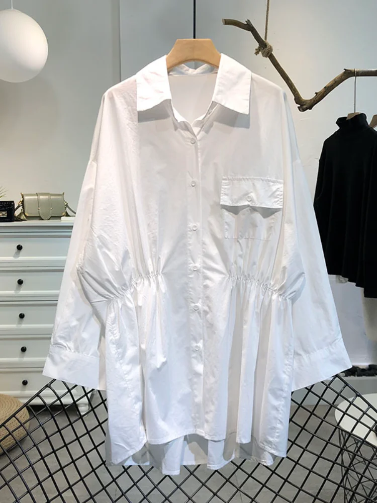 

Drawstring Solid White Women Shirts Summer New 2021 Turn-Down Collar Batwing Sleeved Loose Casual Female Outwear Coats Tops