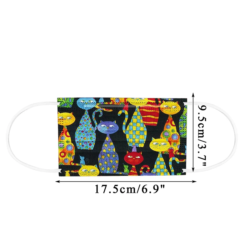 

50pcs Disposable Masks Non-woven Cat Prints Face Mask Anti Dust Breathable Adult Mouth Mask Black Protective Masks Mascarilla