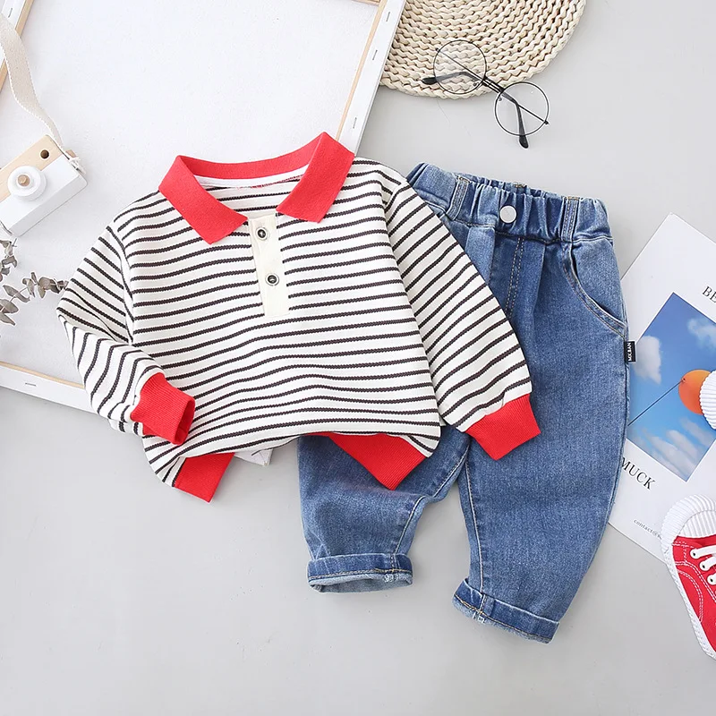 

New spring Children Baby Boys Girls Clothes Infant Suits stripe Shirt jeans Pants 2Pcs/sets Toddler Clothing Kids Suits