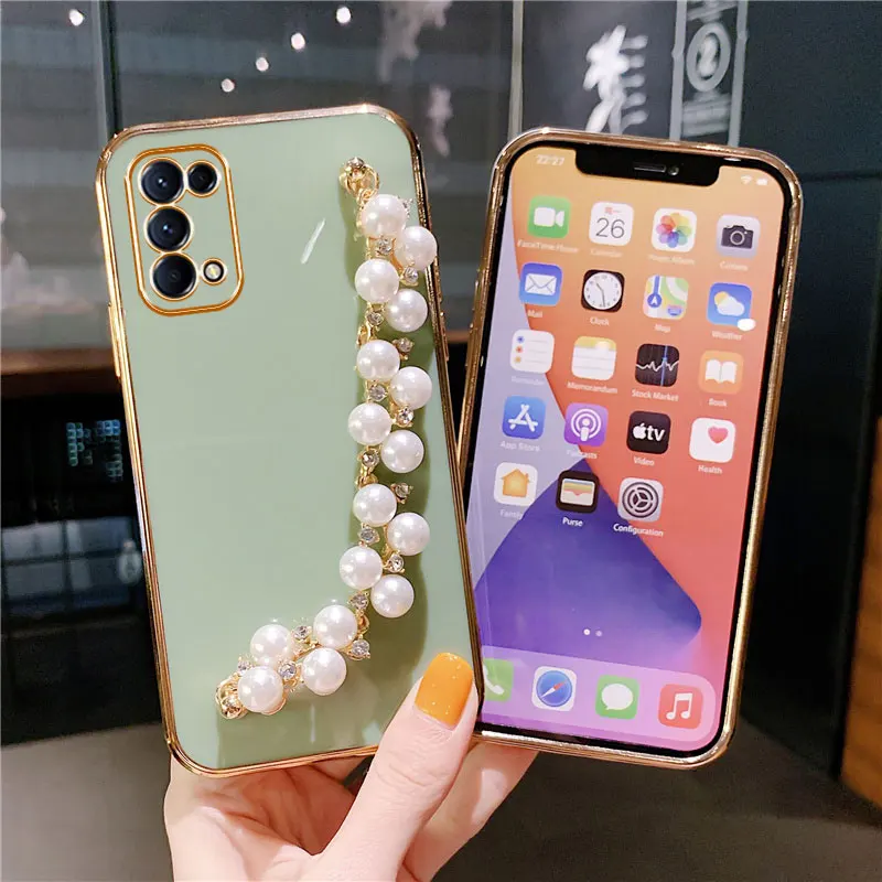 Luxury Plating Pearl Bracelet Shockproof Soft Case For OPPO Reno5 Reno6 Pro Reno4 Z A94 A95 A55 A35 A5 A9 A53 S 2020 Sexy Cover
