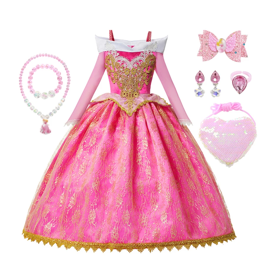 

Платье принцессы Спящей красавицы для девочек Аврора, кружевное платье с длинными рукавами и открытыми плечами, детский великолепный Рожде...