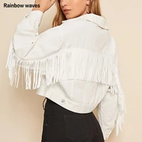 womens denim jackets with fringe beaded fashion loose white jacket long sleeve short coat spring casual outerwear rainbowwaves