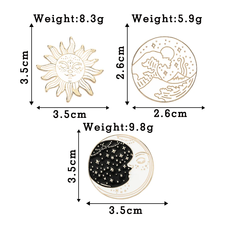 

Cartoon Waves Brooch Vintage Sun and Moon Round Enamel Pins Adventure Explore Camping Badges for Women Shirts Lapel Pin Jewelry