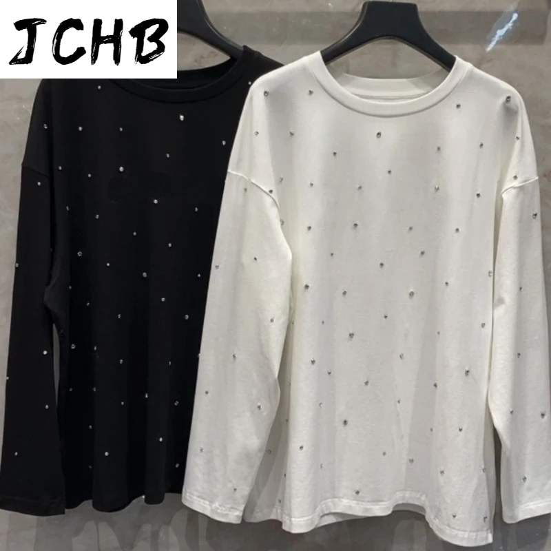 

Cotton 100% Luxury Womens 2021 Early Spring Casual Soft O-Neck Pullovers Diamond Long Sleeve Sweatshirts