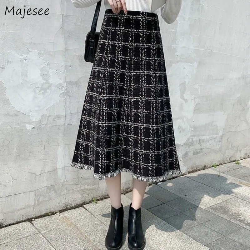 

Women Skirts Winter Mid-calf Plaid Tassel High Waist A-line Elegant Office Lady Vintage Loose Casual Daily All-match Korean Chic