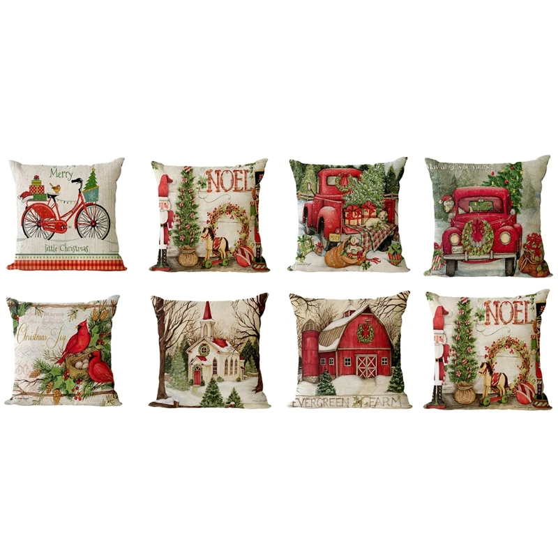 

4Pcs/Set Christmas Linen Throw Pillow Case Rustic Farmhouse Village Scene Church Truck Tree Pattern Xmas Cushion Cover G2AB