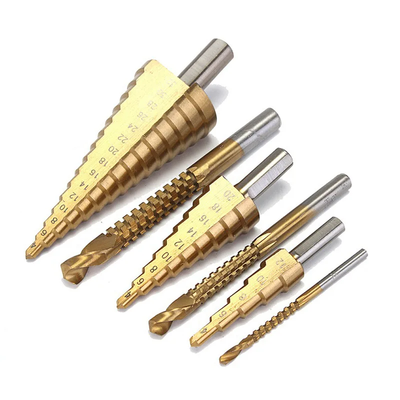 

6Pcs Step Drill Serrated Drill HSS Metal Drilling Pagoda Drill PVC Board Tapper Drill Bit Reaming Chamfering and Deburring