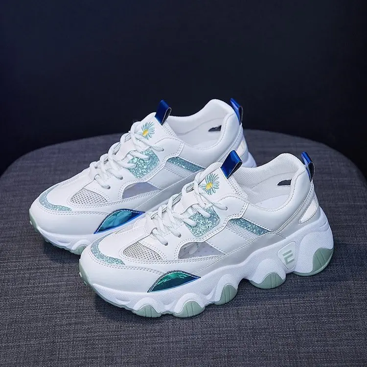 

2020 Woman New Sneakers Women Shoes Lace Up Thick Bottom High Heels Round Toe Breathable Mesh Net Casual