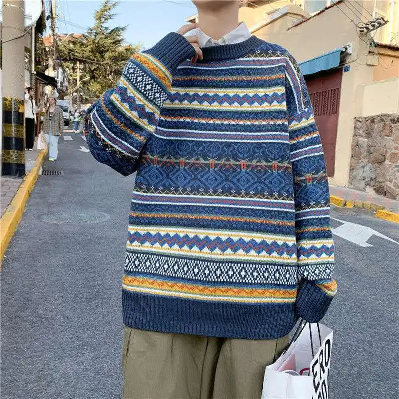 

Autumn winter stripe sweater men's loose casual T-shirt color matching Pullover