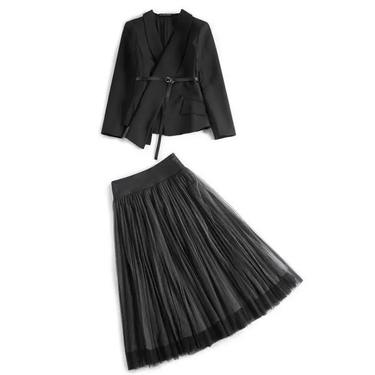 

Stylish Office Lady Sets Suits Notched Collar V Neck Belted Blazer Suit Jacket Tulle Tutu Skirt 2 Piece Set Women Clothes