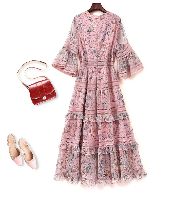 

2021 New Arrival Nice Quality Casual Plus Size Woman Clothing Loose Floral Long Pink Chiffon Dress for Lady