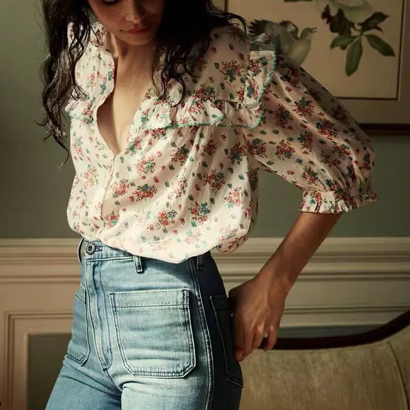 

Women's Short Sleeve Shirt Floral Printed O-neck Single Breasted Ruffles Sweet Blouses