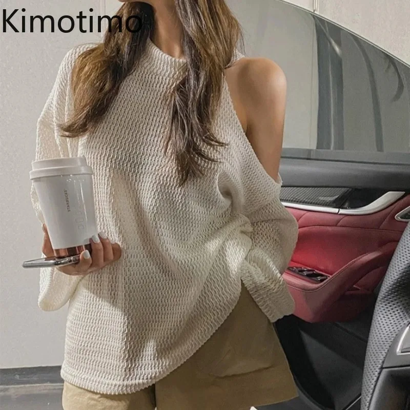 

Kimotimo Off-shoulder Knitted Tops Korean Fashion Hollow Out O-neck Loose Sweater 2021 New Design Long Sleeve Solid Pullovers