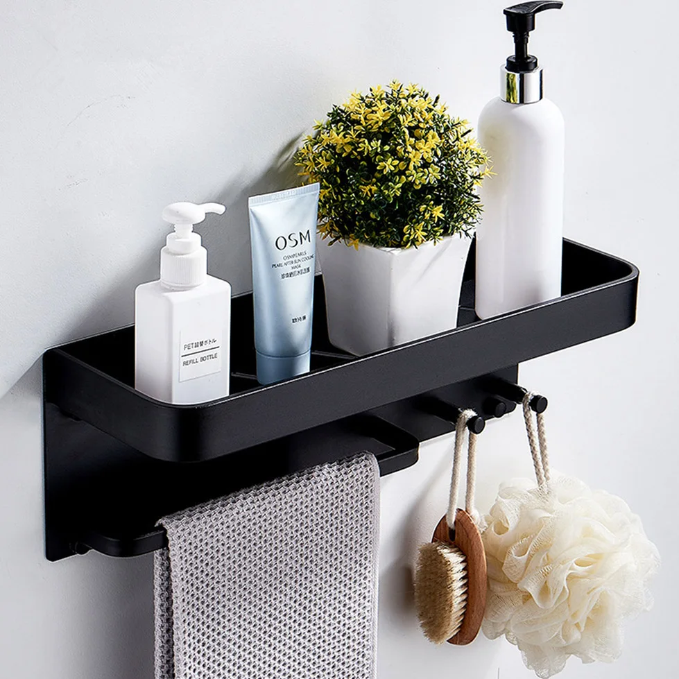 

Black Silver Bathroom Shelf Shower Caddy Wall Mount Shelves with Bar Aluminum Bath Floating Rack Stand for Shampoo Towel Storage
