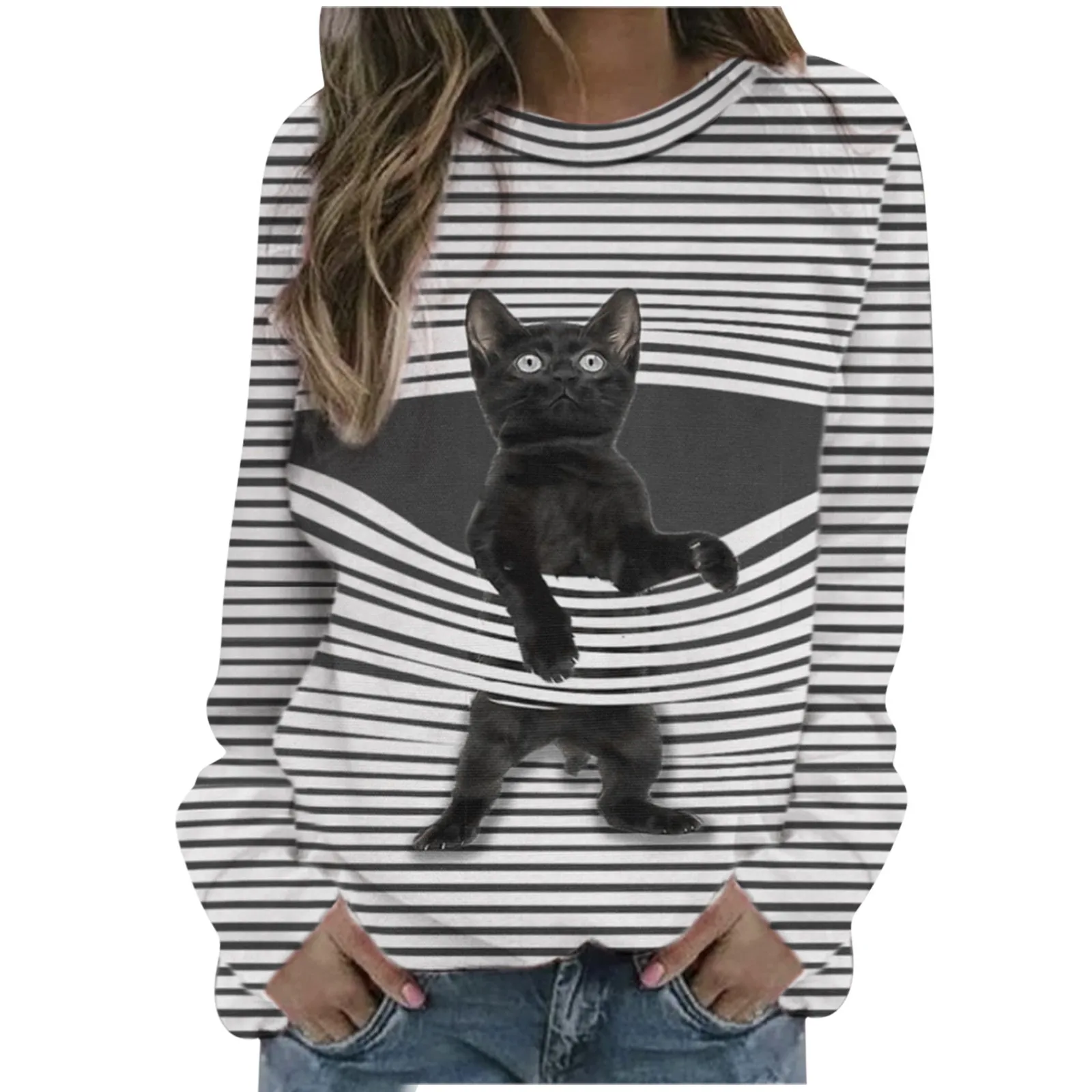 Womens Casual Crewneck Cartoon Cat Striped Loose Soft Long Sleeve Pullover Tops Las Mujeres Sweetshirts Спортивный Костюм Женск