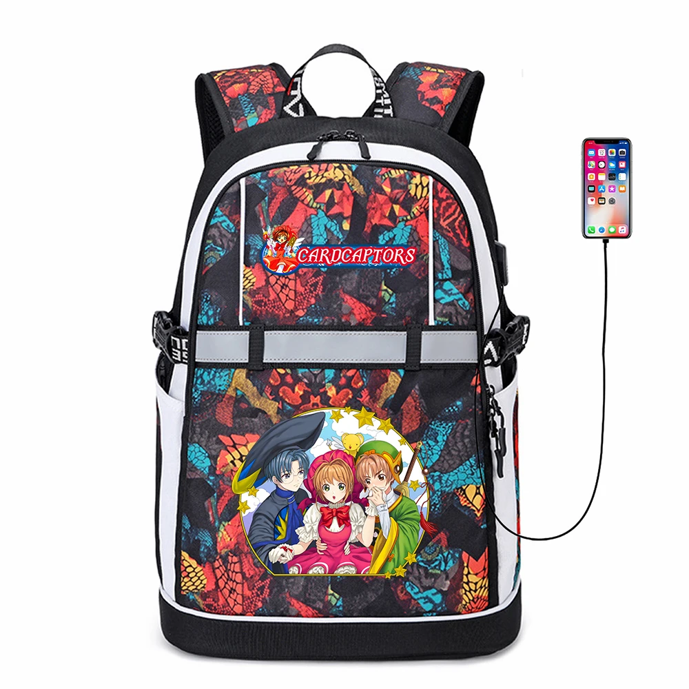 

Anime Card Captor Casual USB Backpack Zipper Reflective Stripe Bookbag Oxford Cartoon Teenger Knapsack Schoolbag Bag