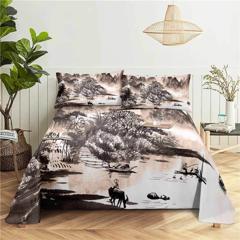 

Landscape Painting 0.9/1.2/1.5/1.8/2.0m Digital Printing Polyester Bed Flat Sheet With Pillowcase Print Bedding Set