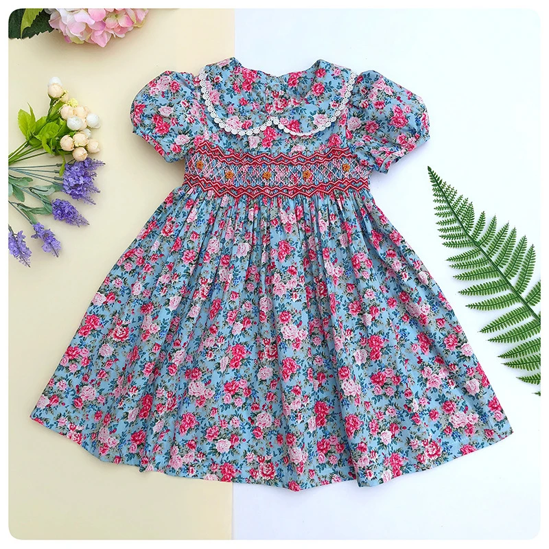 Spring Summer 2020 Kids Girls Smocking Embroidery Dresses Floral Prints Doll Dress For kids Girl Princess Smocked Party | Детская одежда