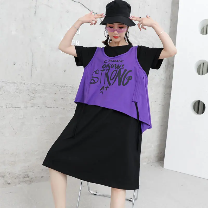 

XITAO Patchwork Hit Color Dress Women Letter Tide Fashion New Style O Neck Collar Short Sleeve Fake Two Pieces Pullover WLD6134