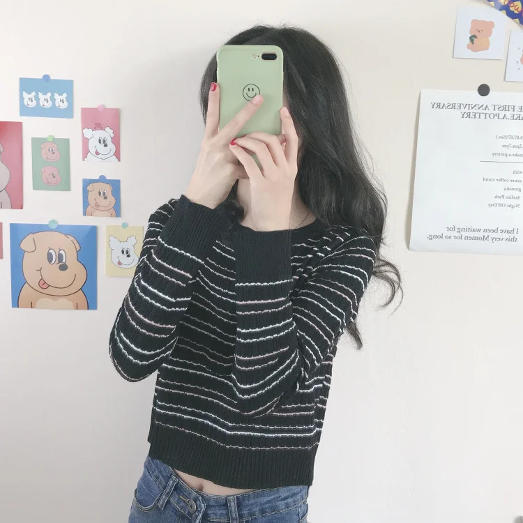 

O-neck Striped Long Sleeve Knitted Woman Tshirts Korean Clothes Harajuku Loose Tees Casual Style Ins Hipster Ladies Tops Spring