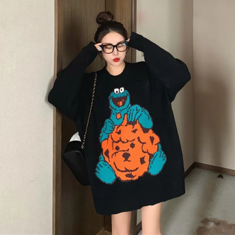 

New 2022 little monster cute sweater woman Ins lazy cartoon jacquard knitwear kawaii purple hoodie with extra thickness