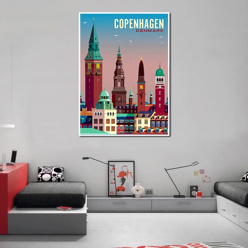 Копенгаген Дания город путешествия плакат мультфильм архитектура здание холст