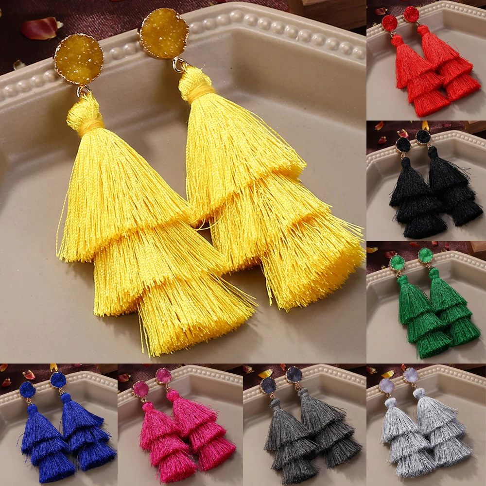 Женские этнические серьги с кисточками и кристаллами HOCOLE эффектные трехслойные